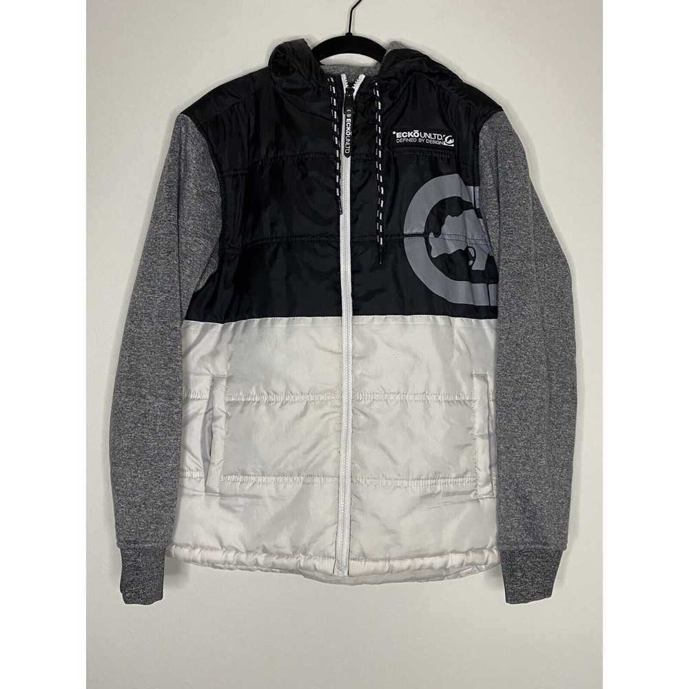 ECKO Unltd Jacket Mens Hybrid Puffer Hooded Full Zip Black/White/Gray Small